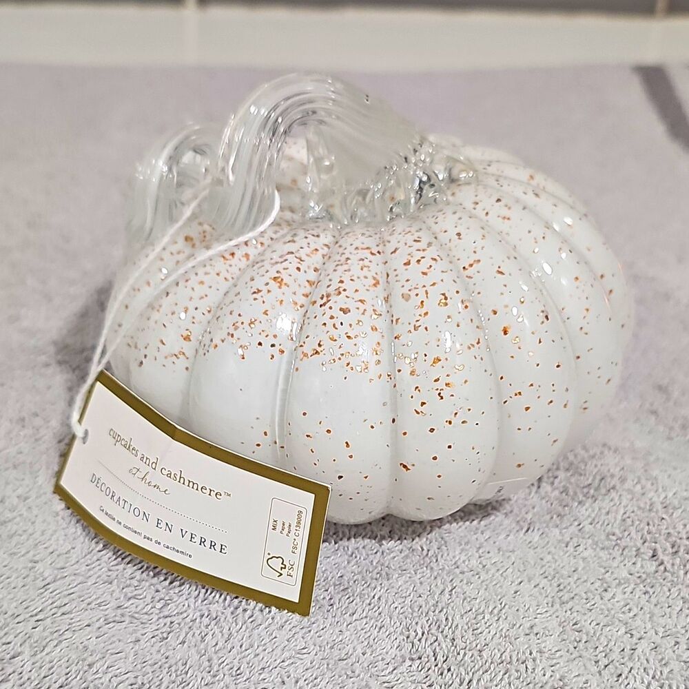 Cupcakes and Cashmere Glass Pumpkin Decor White/Gold Speckled, Contemporary